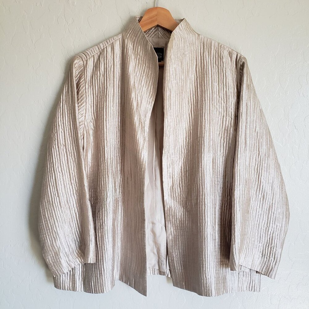 Eileen Fisher Silk Textured Groove Jacket Open Front Champagne Sz M Quiet Luxury